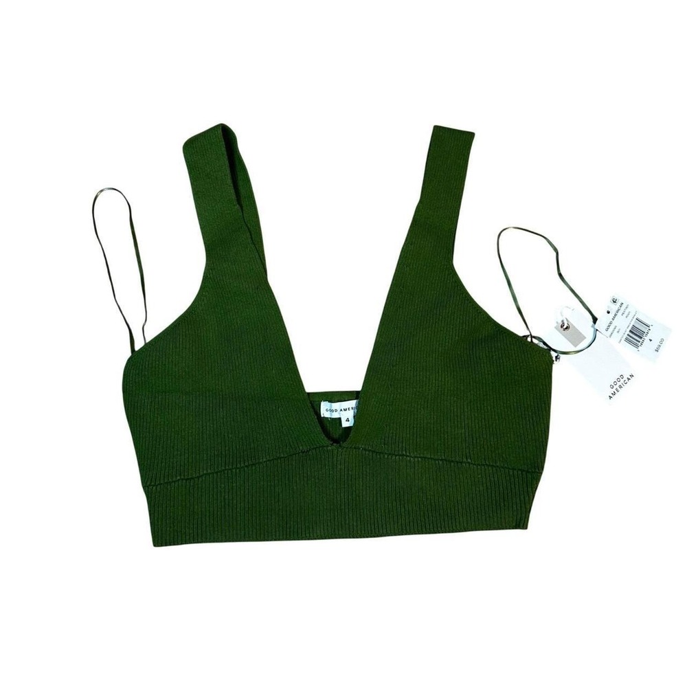 Good American Green Ribbed Plunge Neck Crop Tank Top Size 4